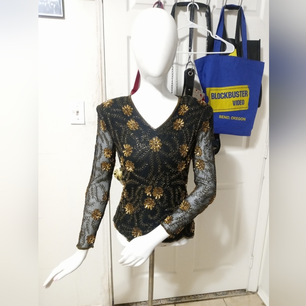 Vintage Stenay Gold Sequin Black Beaded Blouse Scalloped Sleeves Hem Silk Sz S